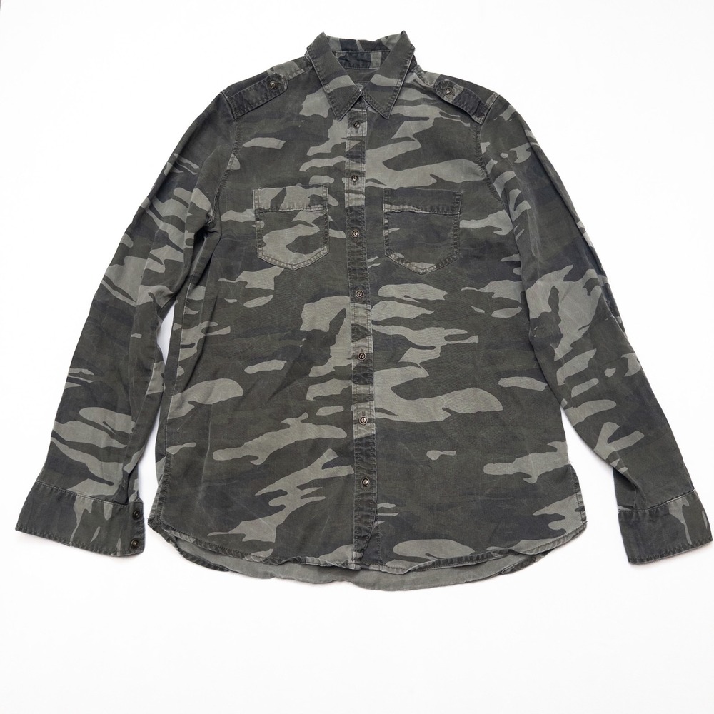 Express Women's XS Boyfriend Camo Shirt 100% Lyocell Distressed Button Down